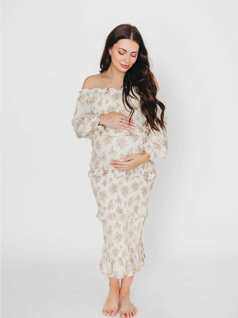 Worth Collective- Cream Floral Ruffle Midi Dress- Bump friendly!